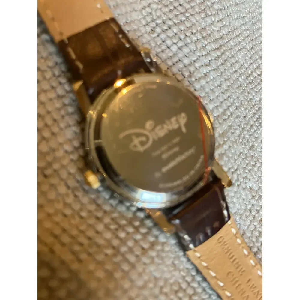 Mickey Mouse Watch, Disney, Analog, Silver Tone, Brown Leather Band, New w/o Tag